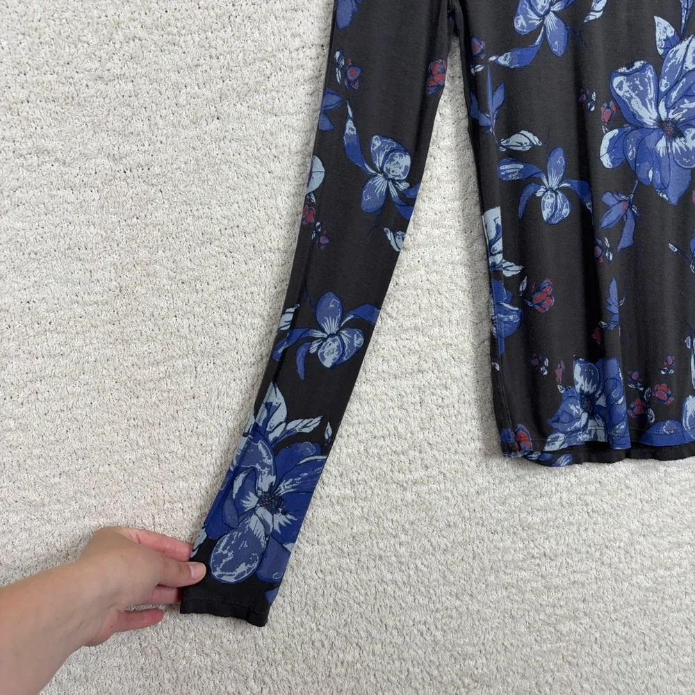 Free People Top‎ Womens Small Chocolate Printed Black Floral Long Sleeve Stretch